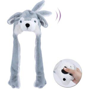 Kids Husky Animal Hat with Ears Moving Jumping Pop Up Beating Plush Holiday